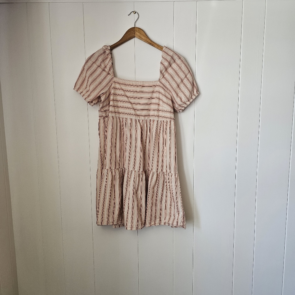 100% COTTON LOFT Casual Short Sleeve Striped Puff Sleeve Dress